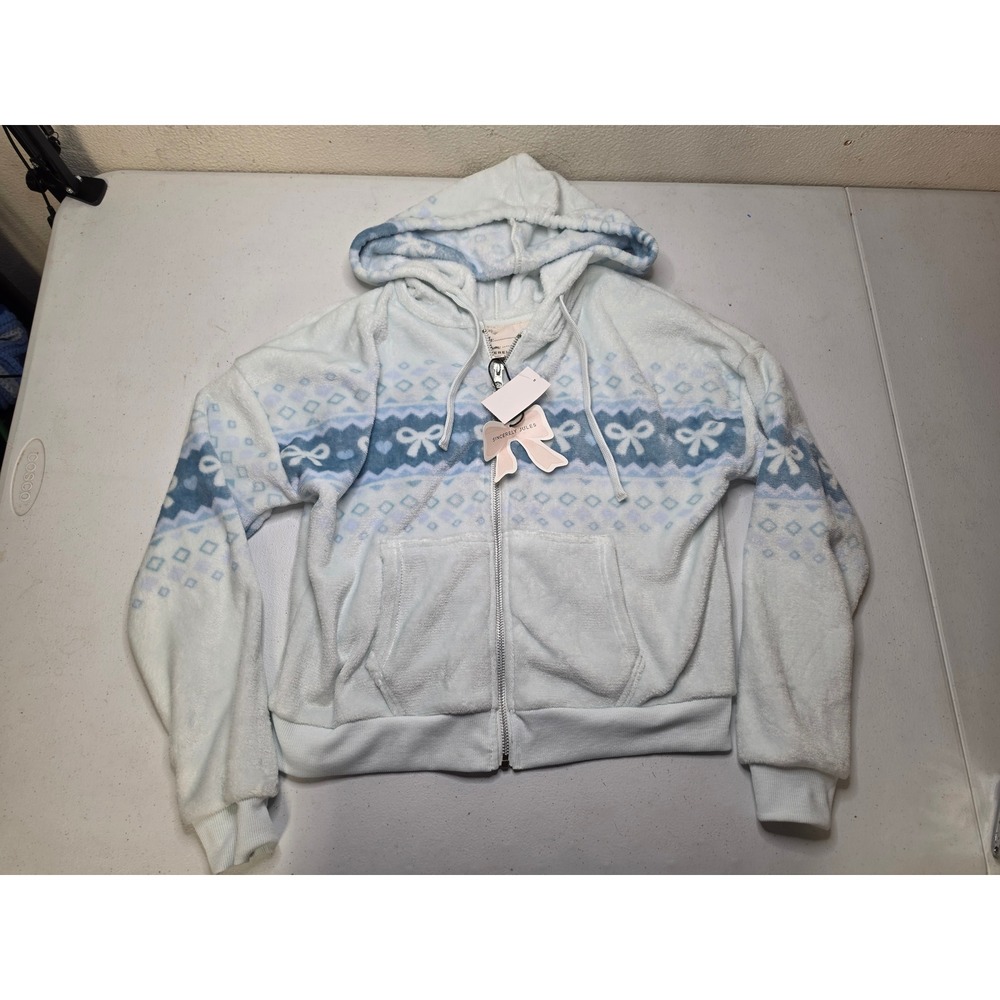 Sincerely Jules Womens Blue Plush Fleece Bow Fair Isle Full Zip Hoodie Med NWT